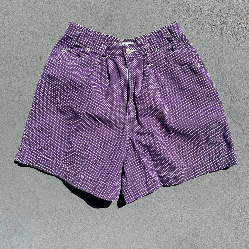 Vintage 80s Skoozi Purple White Dot Polka Hemmed Wide Leg Jean Shorts
